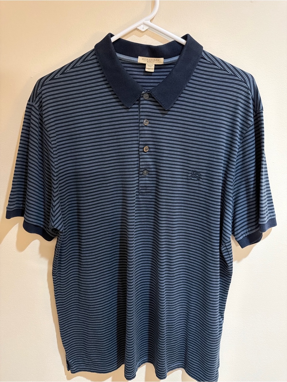 Burberry Brit Men’s Polo Shirt Blue Striped Short Sleeve Nova Check Logo Size XL